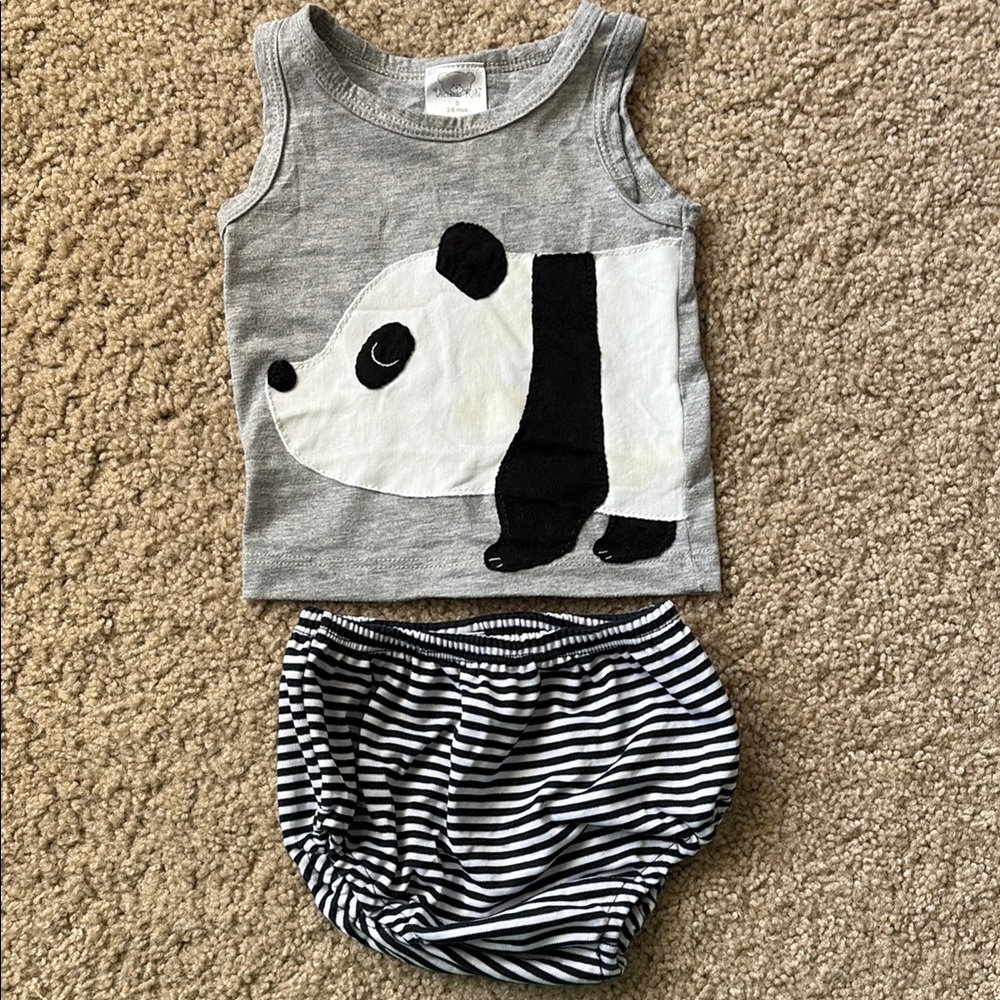 Gray Panda Tank Top and Striped Shorts Set